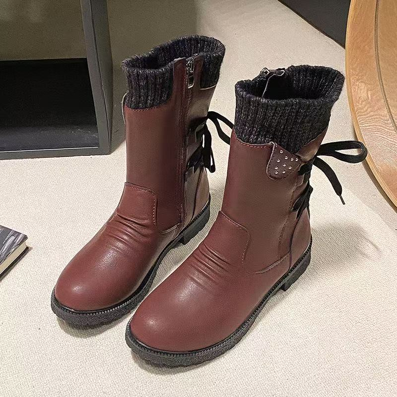 Medium size flat bottomed Martin boots with square heel and back strap thin leather boots