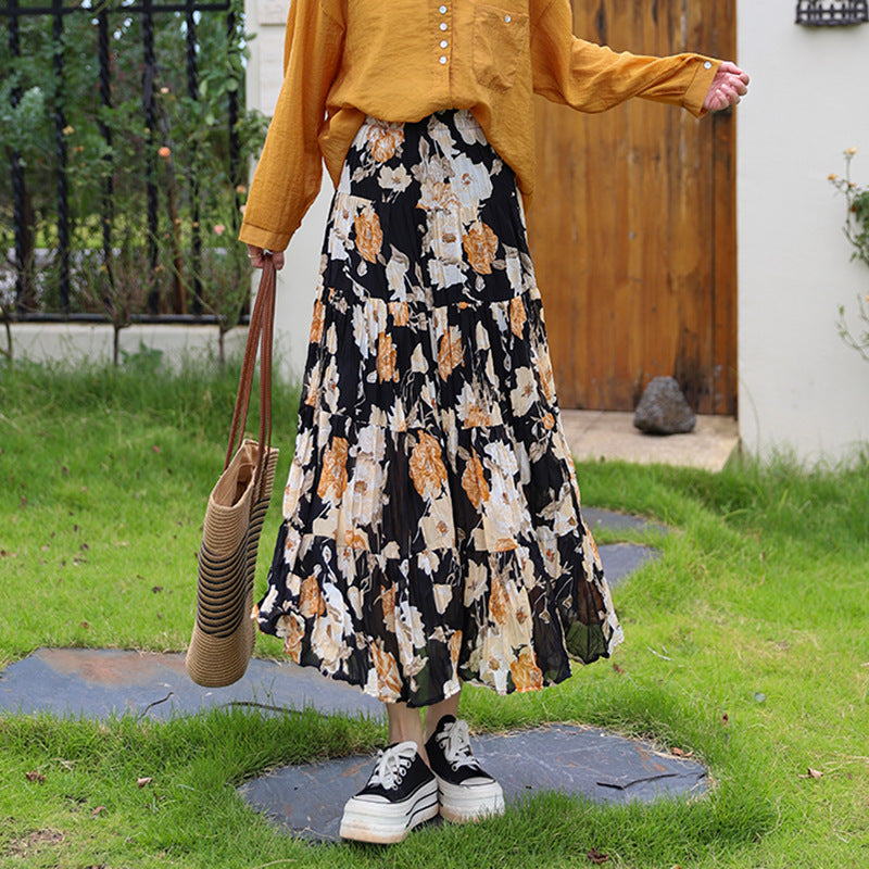 High waisted big swing A-line long skirt for women