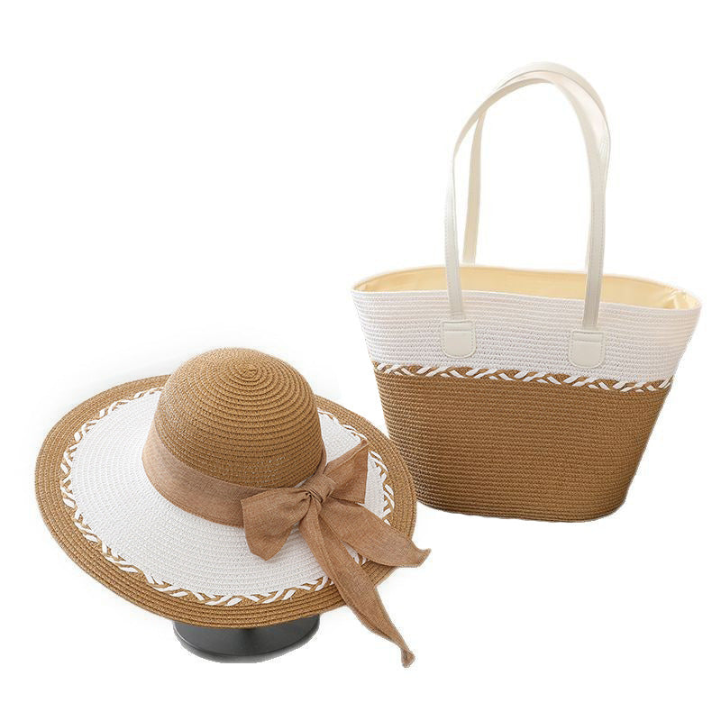 Straw Bag and Hat Set for Women, Beach Vacation, Versatile Sun Protection Wide Brim Hat, Commute Travel Large Capacity Tote Bag