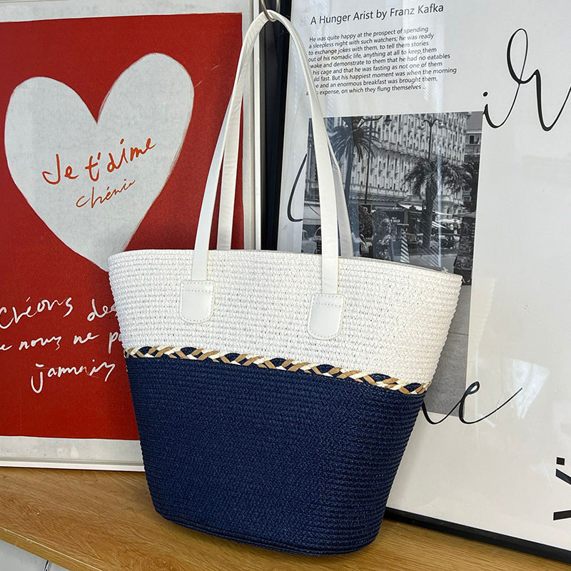 Straw Bag and Hat Set for Women, Beach Vacation, Versatile Sun Protection Wide Brim Hat, Commute Travel Large Capacity Tote Bag