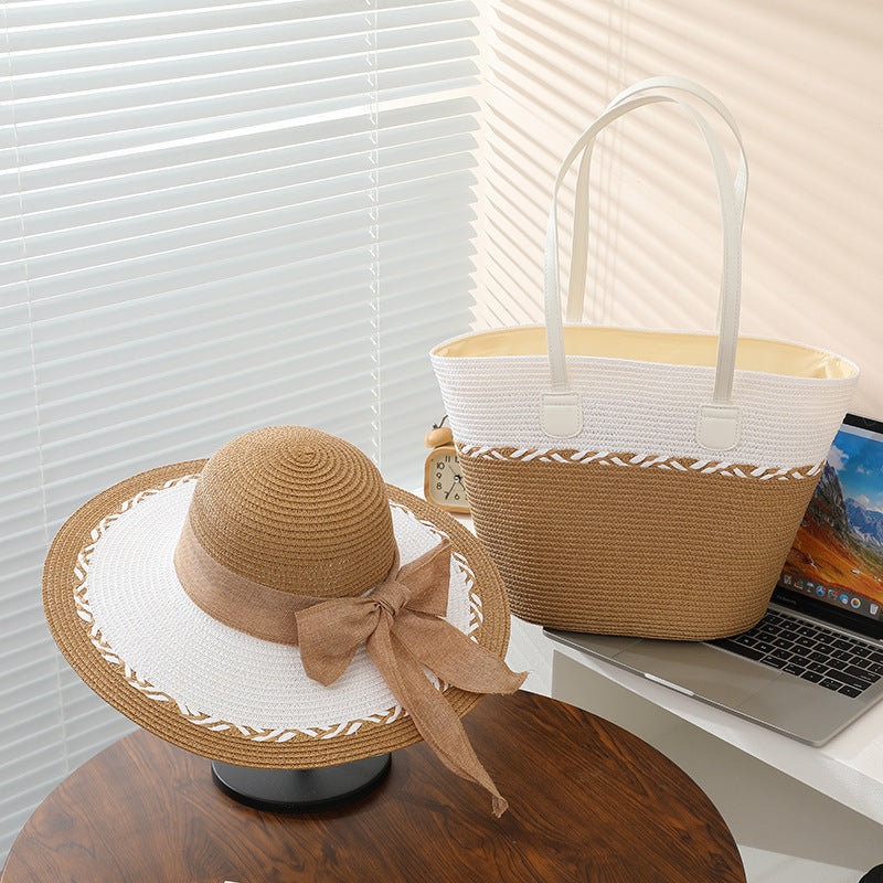 Straw Bag and Hat Set for Women, Beach Vacation, Versatile Sun Protection Wide Brim Hat, Commute Travel Large Capacity Tote Bag