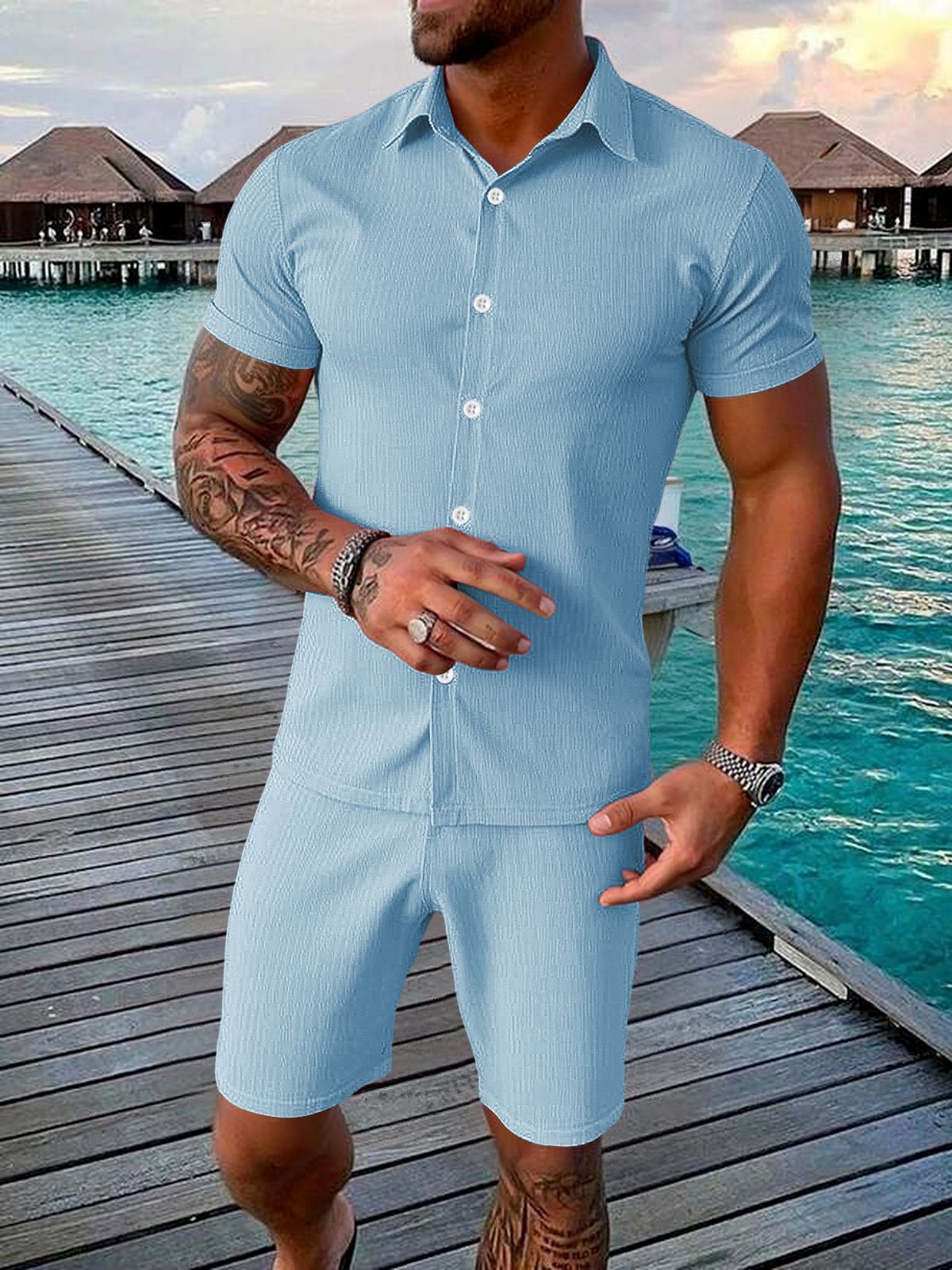 Men's Casual Button-up Short-sleeve Top And Shorts Two-piece Set