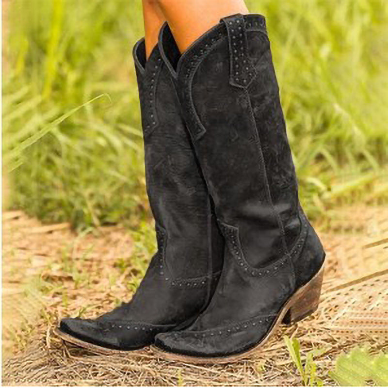 Long boots with rivets retro women's boots
