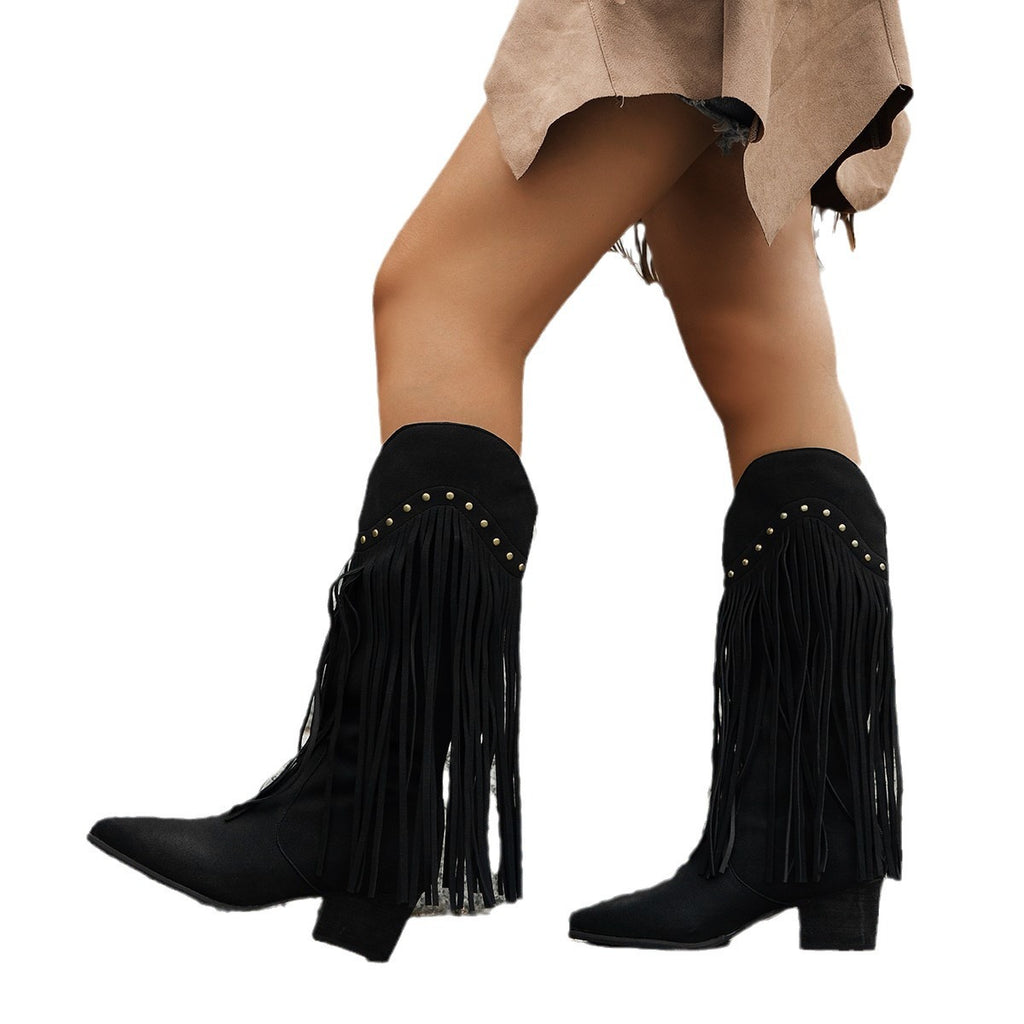 Women's Fringe Fashion Boots with Tassels, Sexy Retro Western Long Boots in Large Sizes