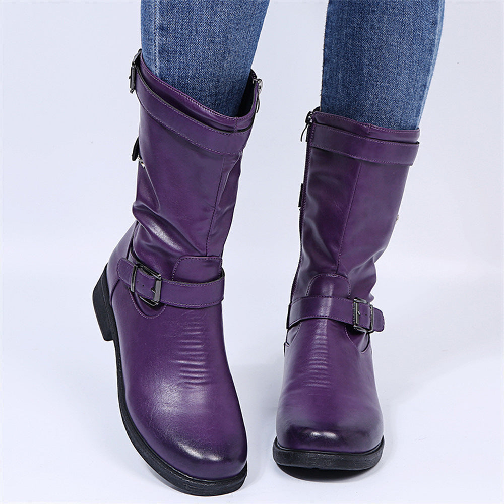 Low heeled leather belt buckle women's boots women's leather boots