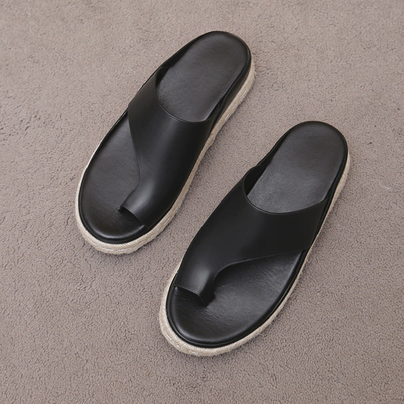 Thick Sole Slippers Women Leopard Print Toe Loop Sandals Large Size Woven Flat Shoes Wholesale