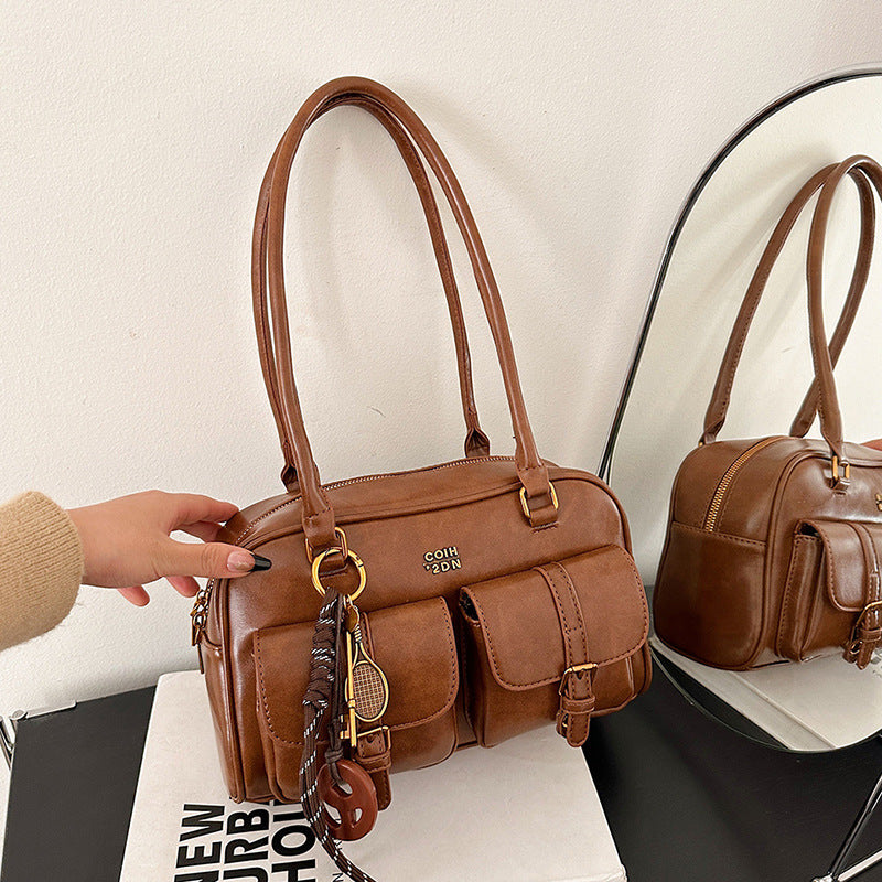 Korean-style Retro Shoulder Bag Fashion Trendy Casual Boston Bag Stylish Bowling Bag