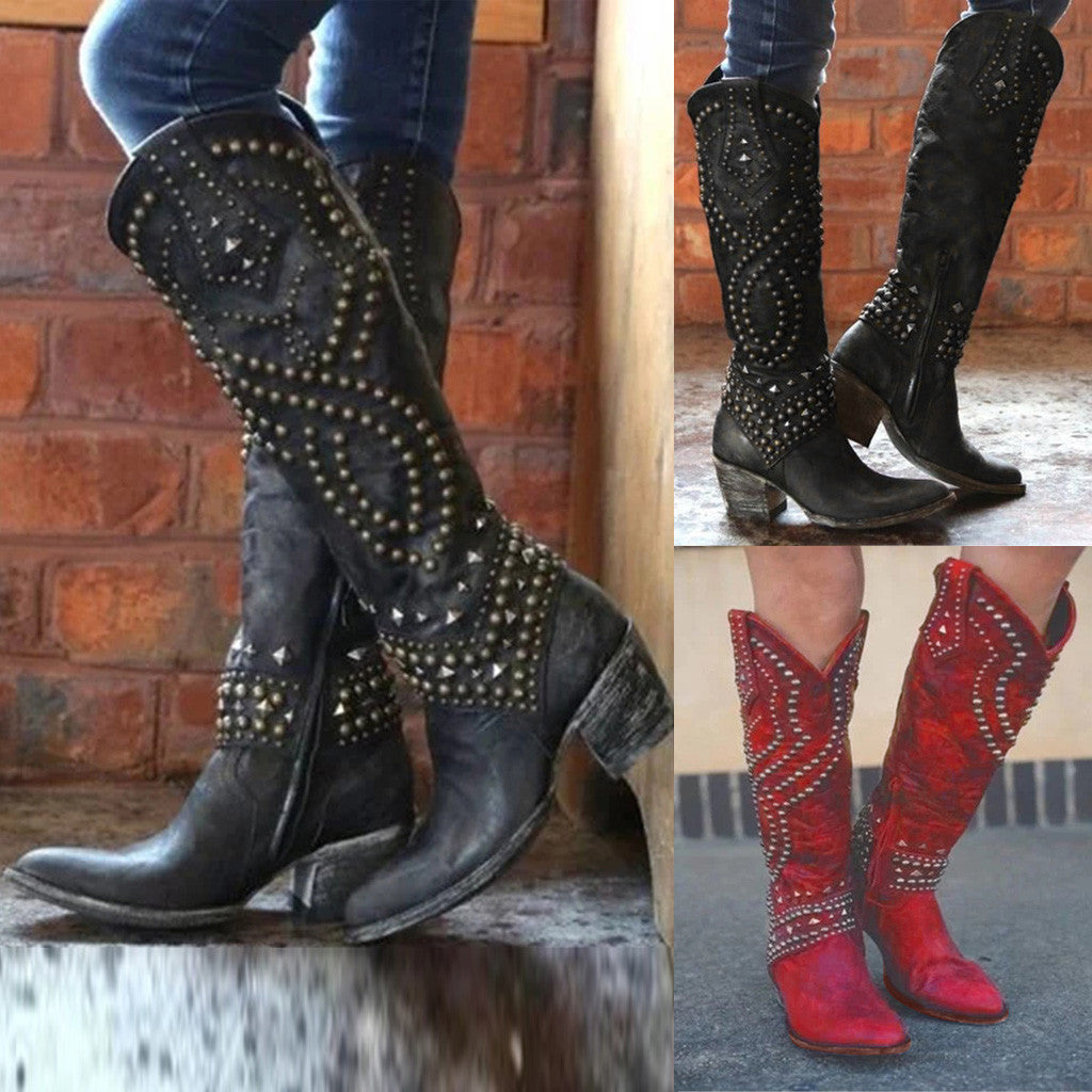 Riveted long boots thick heel middle heel riveted high heeled women's boots