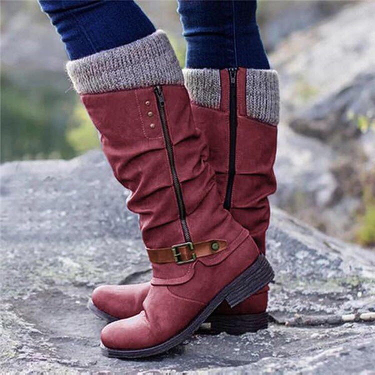 Thick heel side zipper yarn splicing women's boots