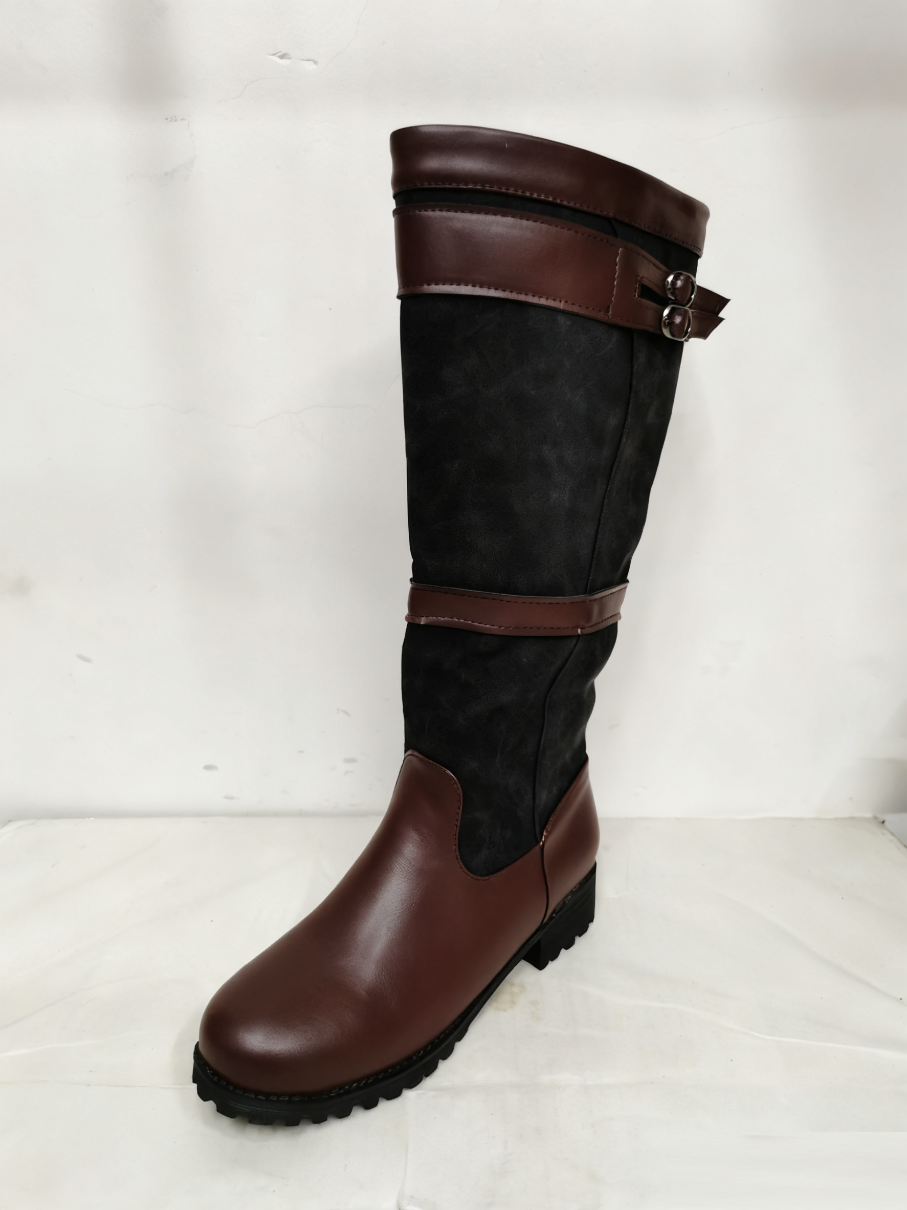 Coarse heel square heel color blocked belt buckle sleeve high top knight boots