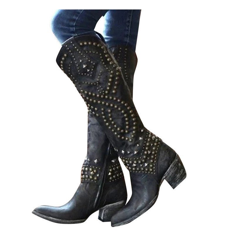 Riveted long boots thick heel middle heel riveted high heeled women's boots