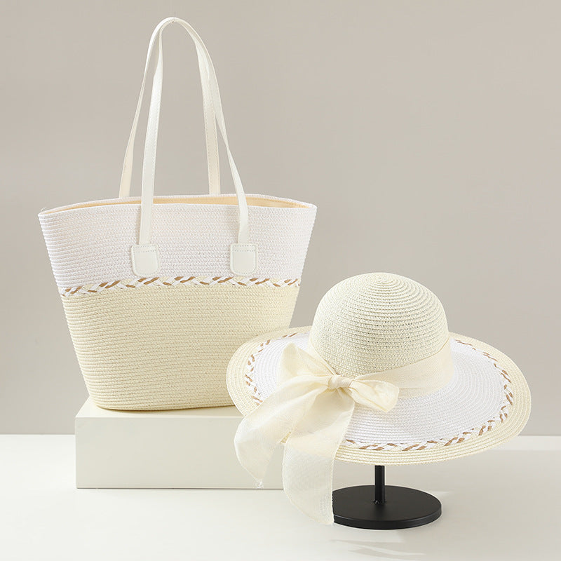 Straw Bag and Hat Set for Women, Beach Vacation, Versatile Sun Protection Wide Brim Hat, Commute Travel Large Capacity Tote Bag