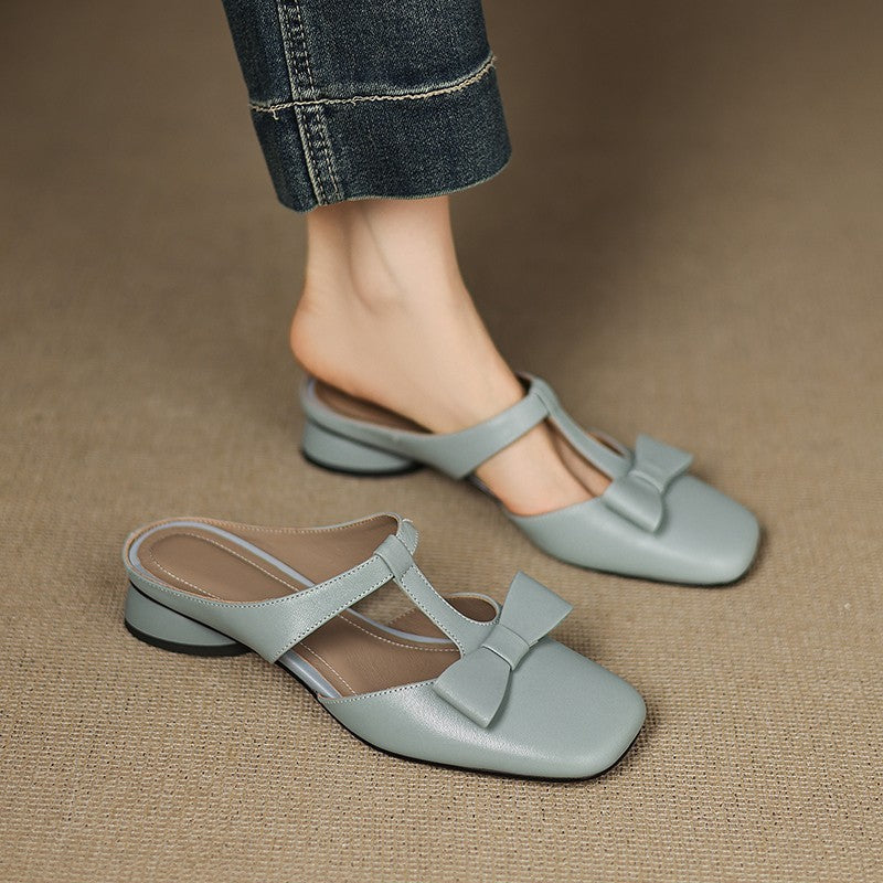 French T-Strap Bowknot Open-Toe Half Slippers Women Sweet Outdoor Backless Sandals Fashion Match