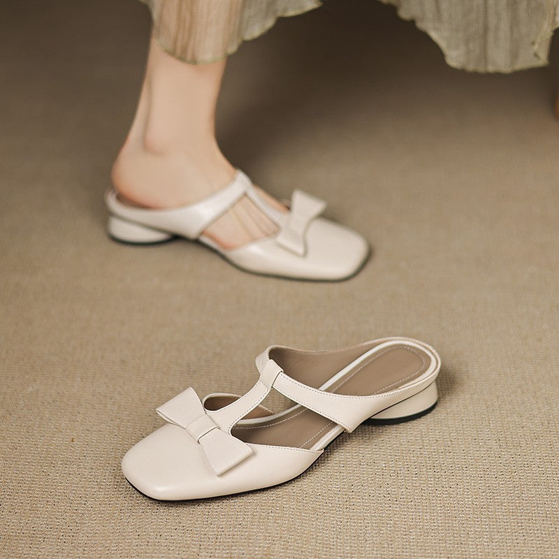 French T-Strap Bowknot Open-Toe Half Slippers Women Sweet Outdoor Backless Sandals Fashion Match