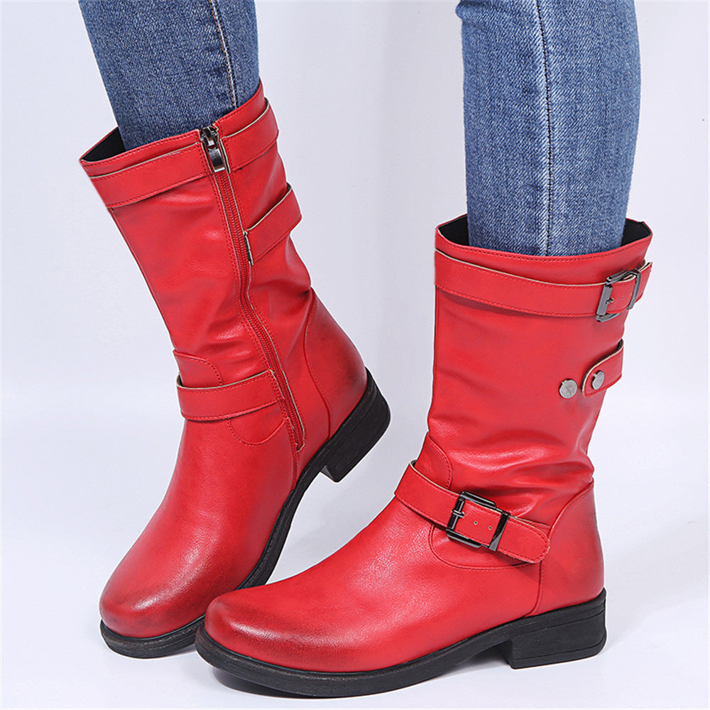 Low heeled leather belt buckle women's boots women's leather boots