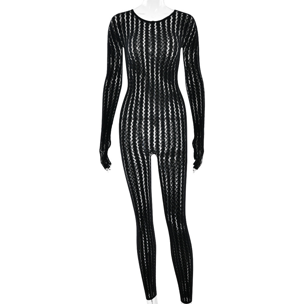 Striped Jacquard One-piece Long-sleeve Jumpsuit With Long Pants