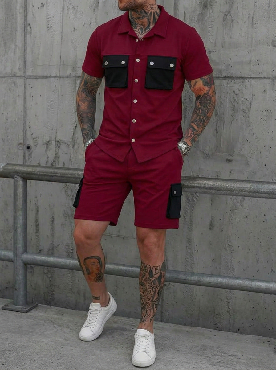 Mens Patchwork Multi-Pocket Sport Suit