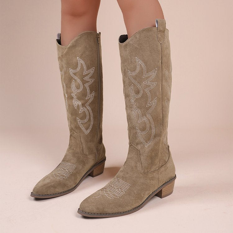 Brown thick heeled mid calf knight boots short boots Western cowboy