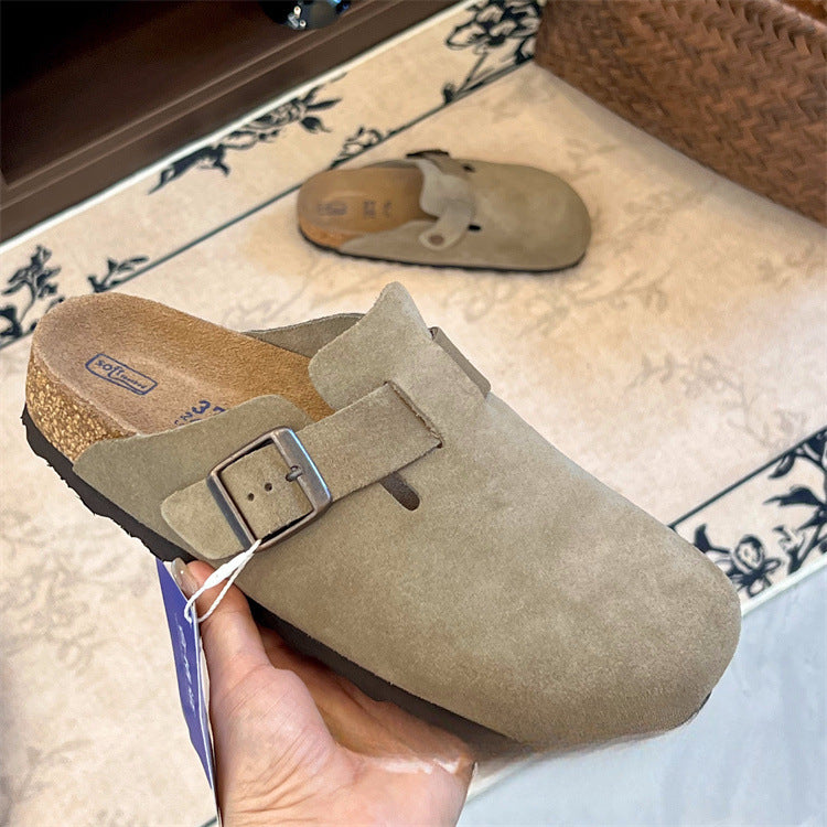 Boken shoes genuine leather with cork and increased height thick soled slippers