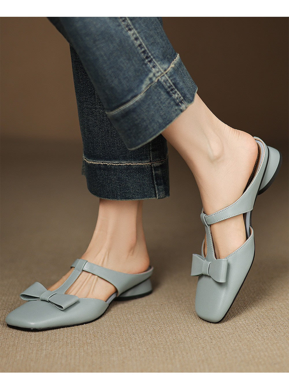 French T-Strap Bowknot Open-Toe Half Slippers Women Sweet Outdoor Backless Sandals Fashion Match
