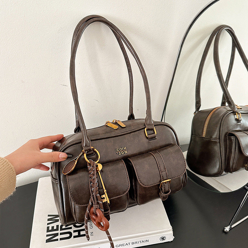 Korean-style Retro Shoulder Bag Fashion Trendy Casual Boston Bag Stylish Bowling Bag