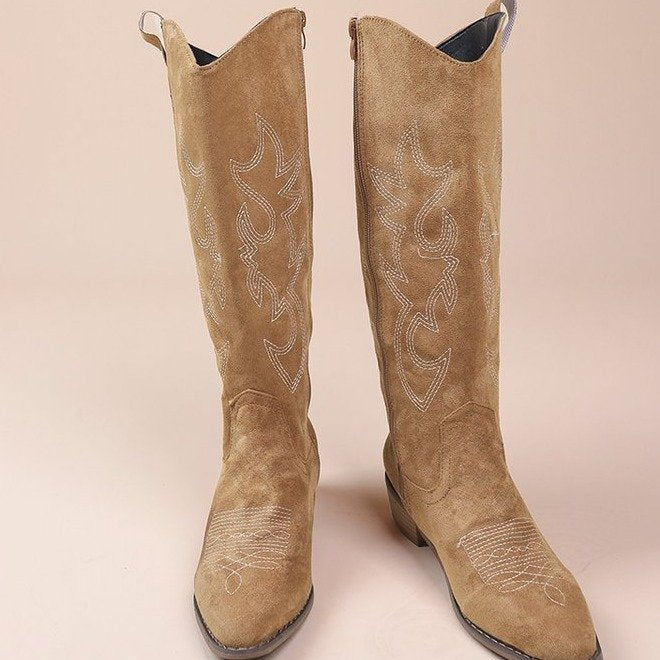 Brown thick heeled mid calf knight boots short boots Western cowboy