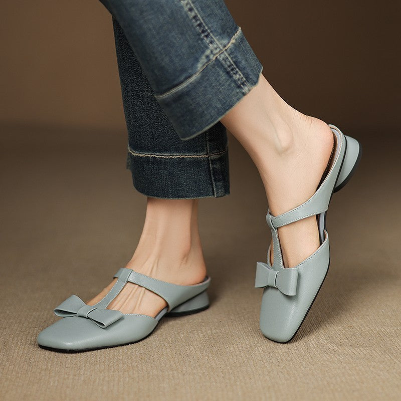 French T-Strap Bowknot Open-Toe Half Slippers Women Sweet Outdoor Backless Sandals Fashion Match