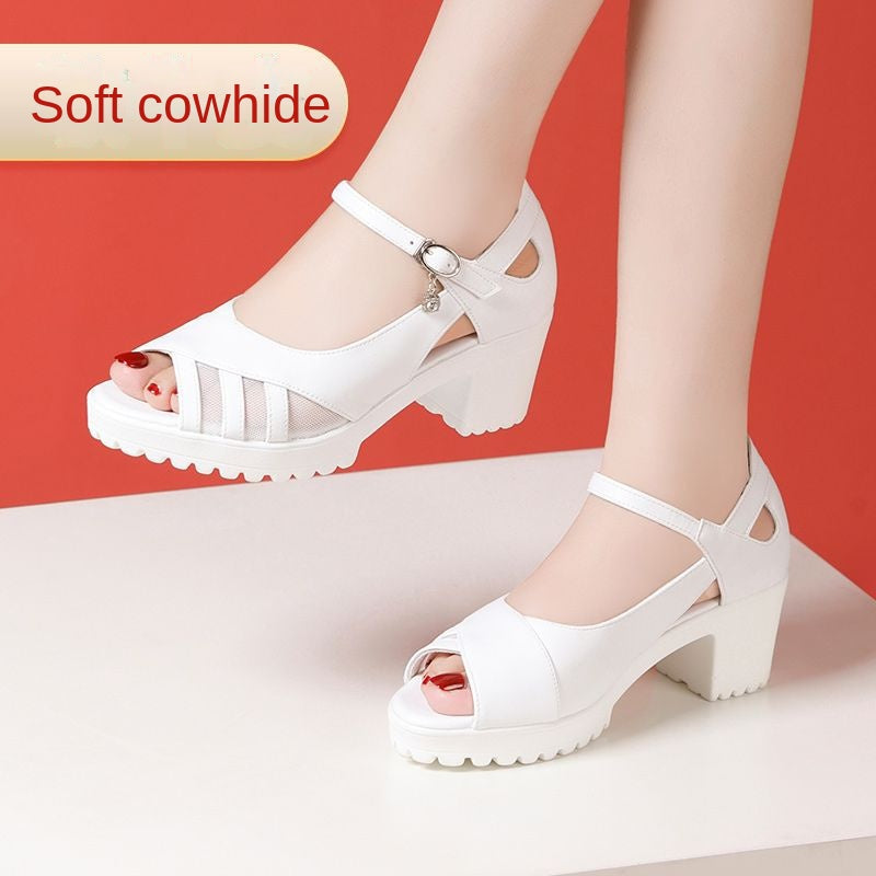 One-Strap High Heel Genuine Leather Sandals for Women White Chunky Heel Thick Sole Waterproof Platform Versatile Wide Size Mother Shoes