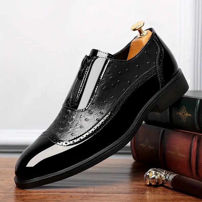 Embossed zipper pointed men's shiny leather Chelsea men's single shoes