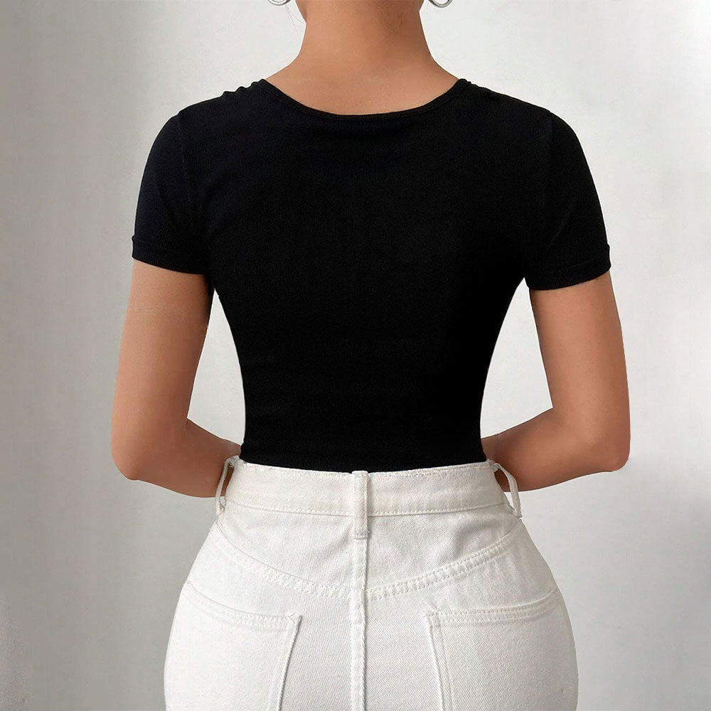 Womens Asymmetrical One-shoulder Twisted-design Short-sleeve Figure-hugging Bodysuit