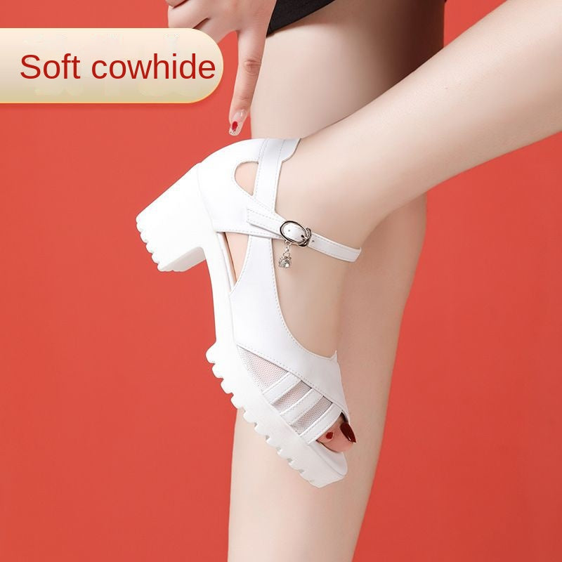 One-Strap High Heel Genuine Leather Sandals for Women White Chunky Heel Thick Sole Waterproof Platform Versatile Wide Size Mother Shoes