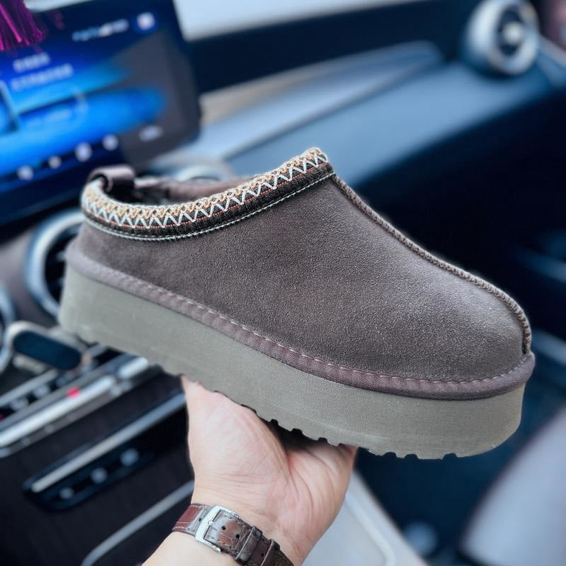 Ethnic Style Woven Chunky Sole Snow Boots for Women, Inner Heel Lift, Faux Fur Lined Cotton Boots, Slip-On, Cowhide Wool Lined, Warm, Anti-Slip