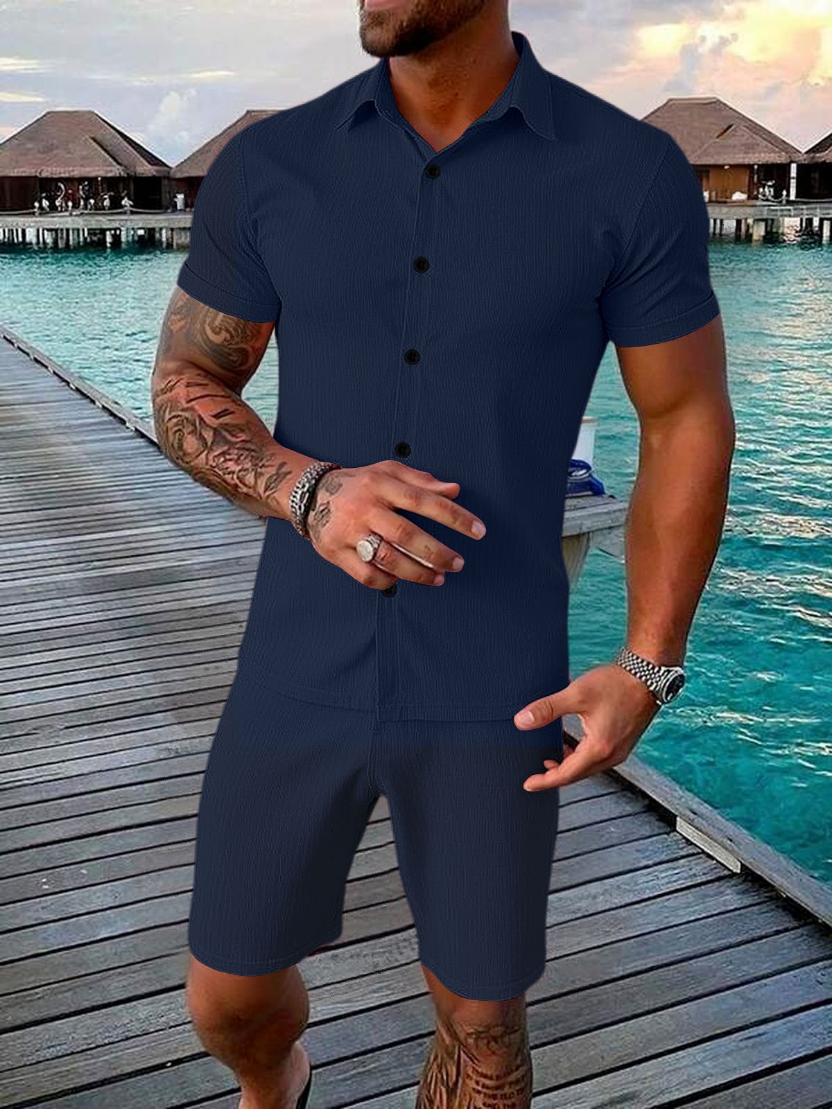 Men's Casual Button-up Short-sleeve Top And Shorts Two-piece Set