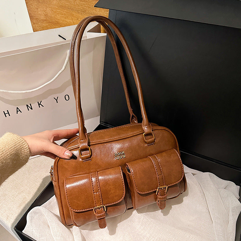 Korean-style Retro Shoulder Bag Fashion Trendy Casual Boston Bag Stylish Bowling Bag