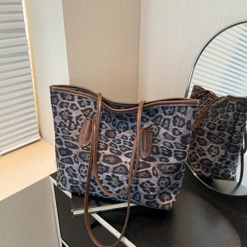 Women's Large-Capacity Fashion Shopping Tote – Leopard-Print PU Leather Shoulder & Hand Carry Bag
