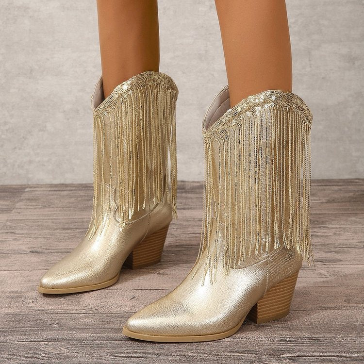 Women's Fringe Fashion Boots with Tassels, Sexy Retro Western Long Boots in Large Sizes