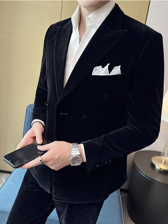 Men's Peak Lapel Double-breasted Velvet Two-piece Suit