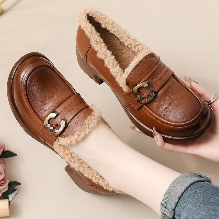 Mary Jane cotton shoes women's sponge cake thick sole one foot pedal thick and plush warm little leather shoes