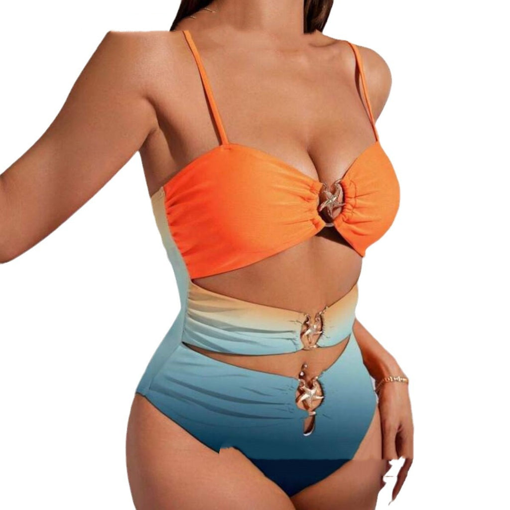 Hollow-out Fixed-panel Gradient-print One-piece Bikini