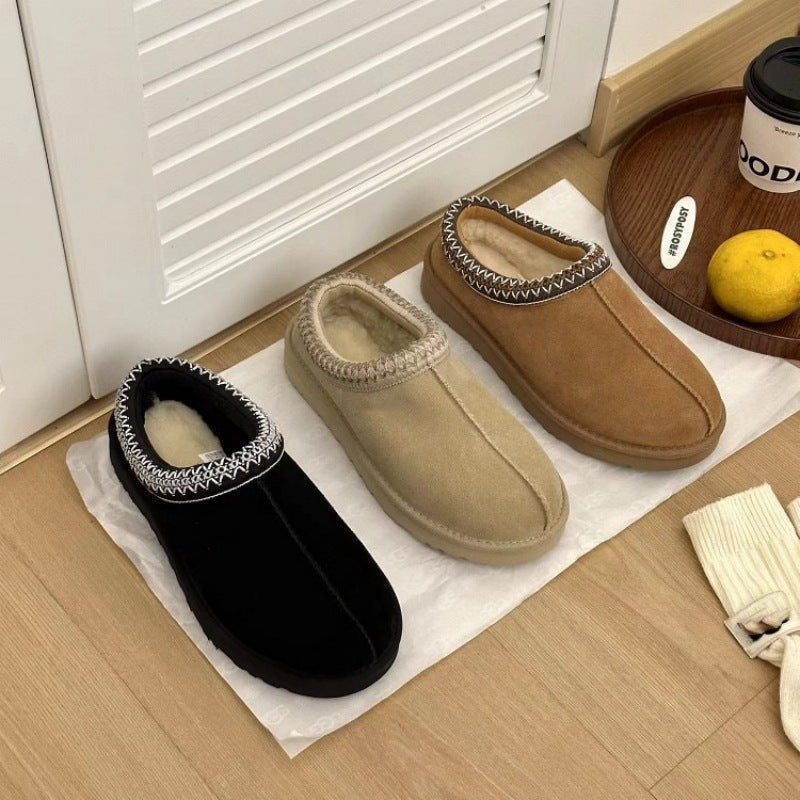 Ethnic Style Woven Chunky Sole Snow Boots for Women, Inner Heel Lift, Faux Fur Lined Cotton Boots, Slip-On, Cowhide Wool Lined, Warm, Anti-Slip