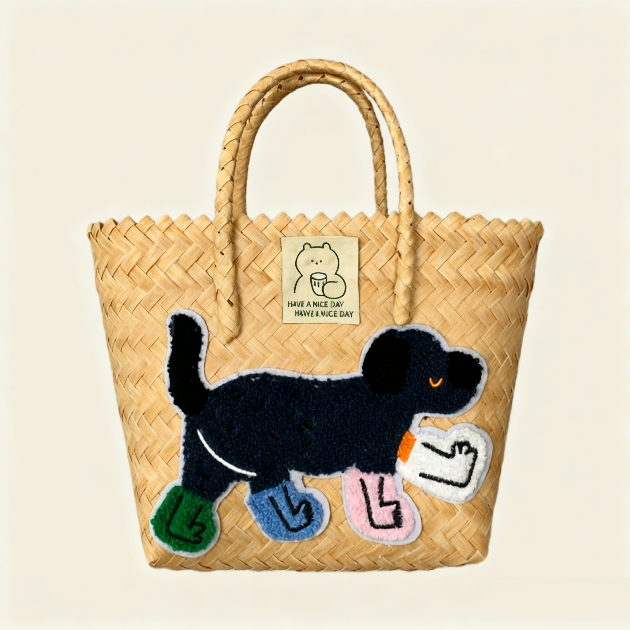 Large capacity sausage dog hand woven cabbage basket rattan woven handbag office miscellaneous carry bag picnic women's bag