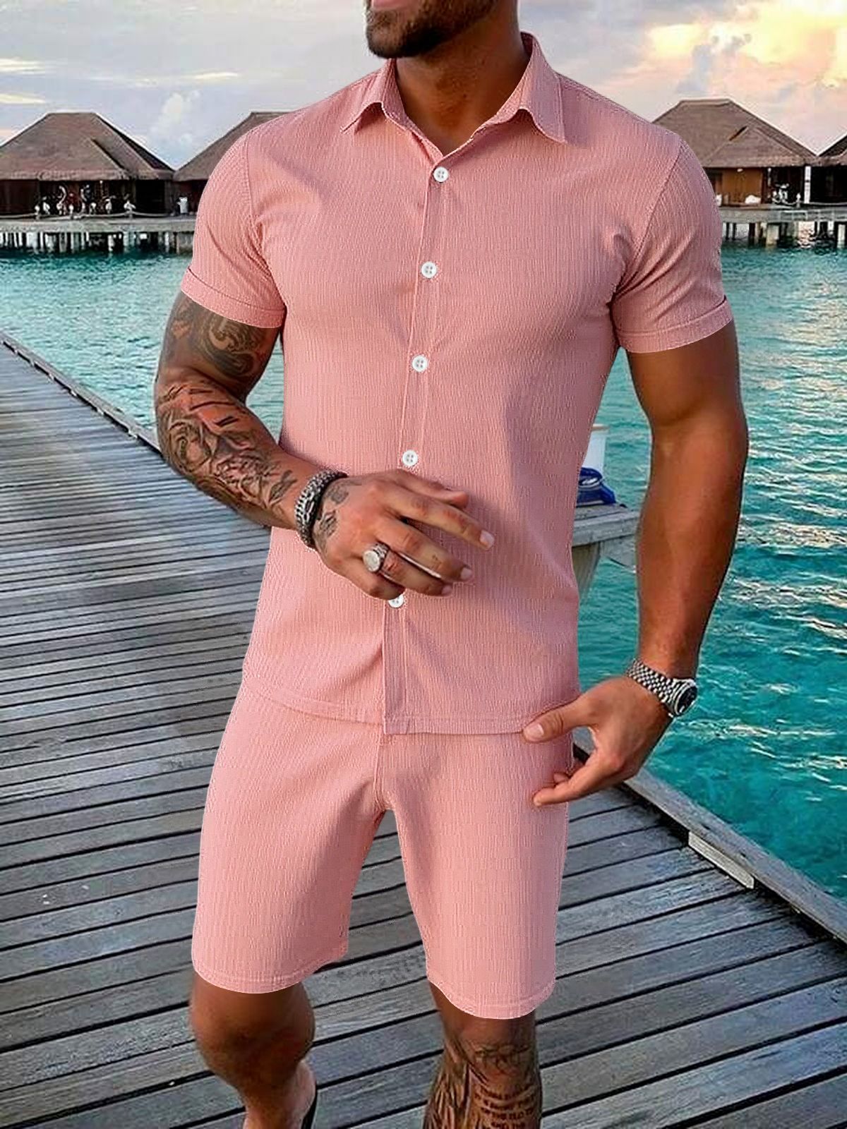 Men's Casual Button-up Short-sleeve Top And Shorts Two-piece Set