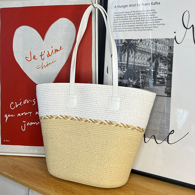 Straw Bag and Hat Set for Women, Beach Vacation, Versatile Sun Protection Wide Brim Hat, Commute Travel Large Capacity Tote Bag