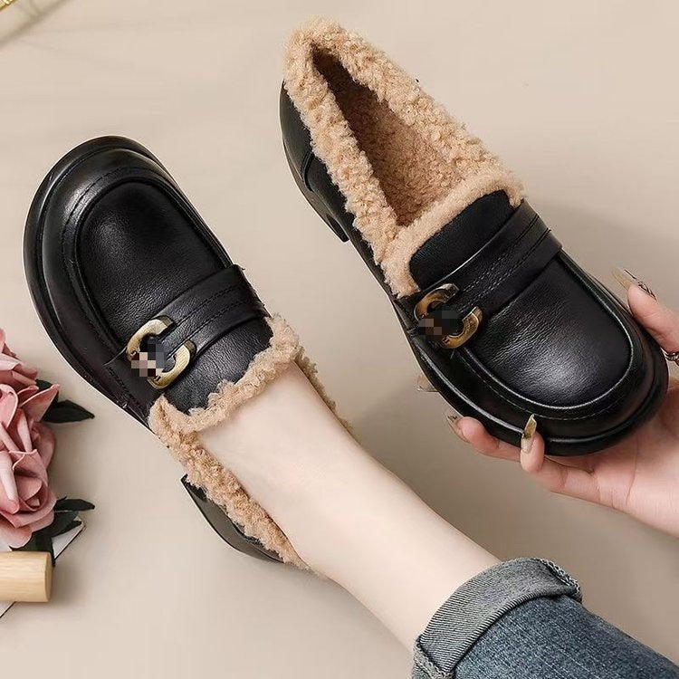 Mary Jane cotton shoes women's sponge cake thick sole one foot pedal thick and plush warm little leather shoes