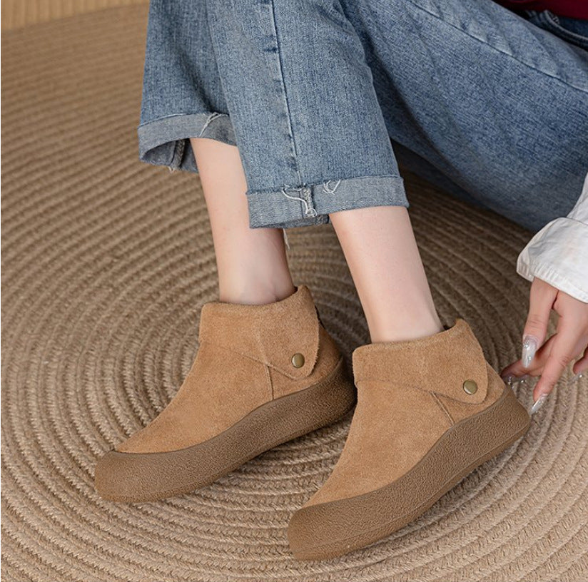 Boken shoes women's soft soled warm cotton shoes round toe flat bottomed short boots