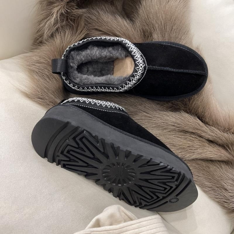 Ethnic Style Woven Chunky Sole Snow Boots for Women, Inner Heel Lift, Faux Fur Lined Cotton Boots, Slip-On, Cowhide Wool Lined, Warm, Anti-Slip