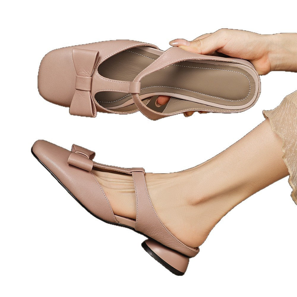 French T-Strap Bowknot Open-Toe Half Slippers Women Sweet Outdoor Backless Sandals Fashion Match