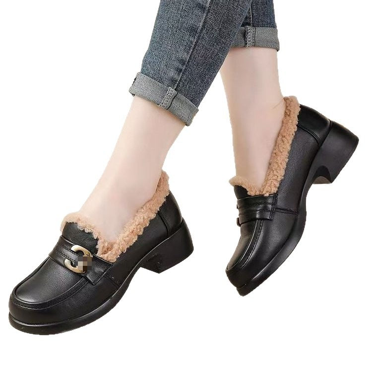 Mary Jane cotton shoes women's sponge cake thick sole one foot pedal thick and plush warm little leather shoes