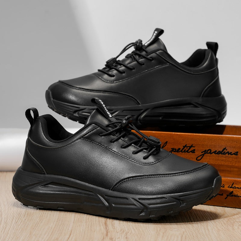 Wide-Foot Leather Barefoot Shoes for Couples Autumn/Winter Water-Resistant Athletic ShoesAll-Black Wide Last Casual Running Shoes for Men and Women