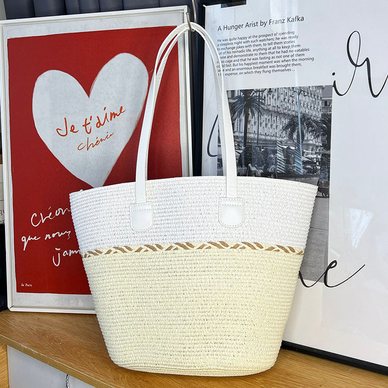 Straw Bag and Hat Set for Women, Beach Vacation, Versatile Sun Protection Wide Brim Hat, Commute Travel Large Capacity Tote Bag